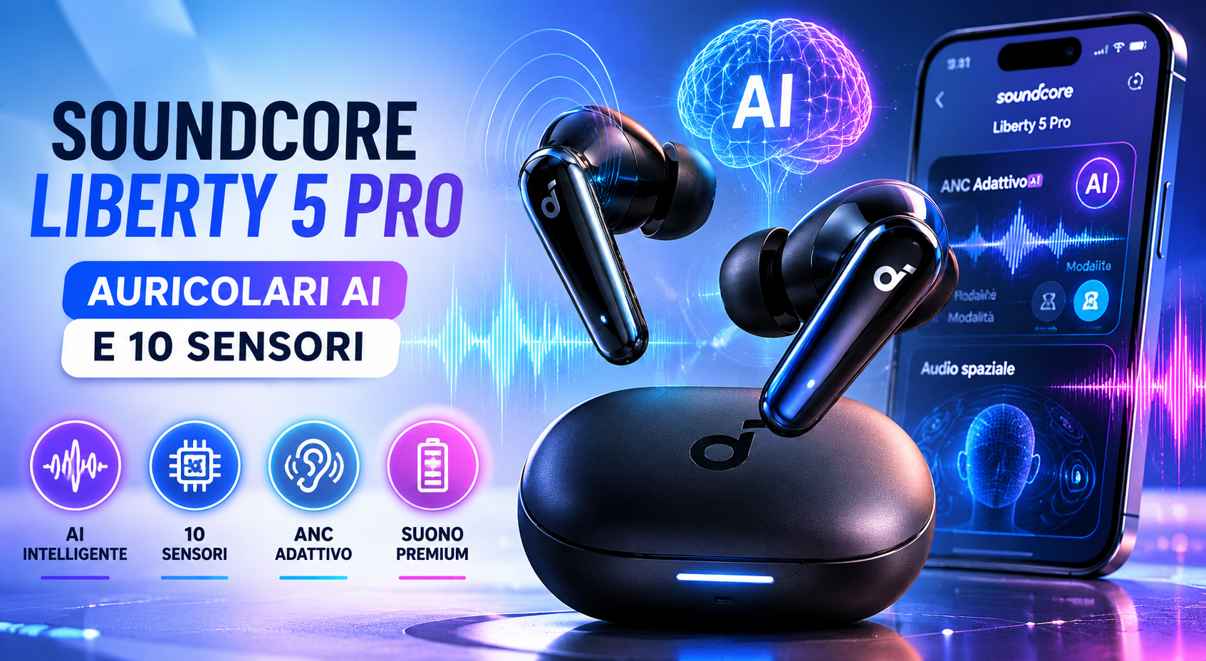 Soundcore Liberty 5 Pro auricolari AI e 10 sensori corpo